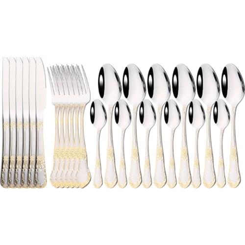 24 PCs Gold Plated Stainless Steel Silver Tableware Set Table Knife Fork Spoon Cutlery Set Gold Dropshipping Weding Gift
