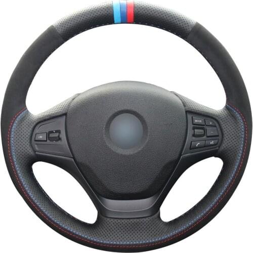 Non-slip Durable Black Natural Leather Black Suede Car Steering Wheel Cover For Bmw F30 316i 320i 328i