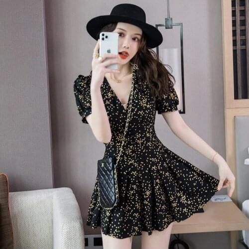 New Arrival Fashion Summer Korean Mini Dress Women Casual High Street Sexy V-neck Bronzing Black Chiffon Black Beach Short Dress