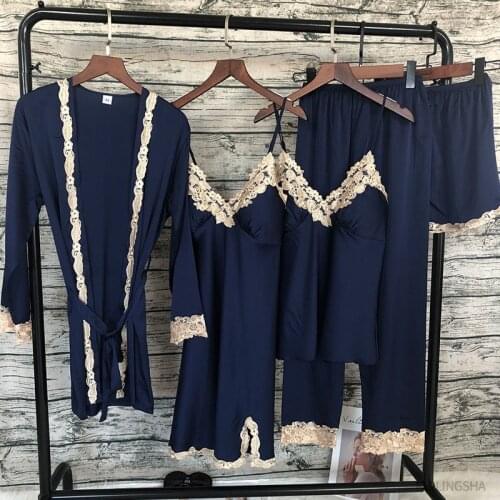 Women Silk Pajama Sets 5 Pieces Satin Sleepwear Home Wear Home Clothing Female Sexy Pijama Flower Embroidery Sleep Lounge Pyjama