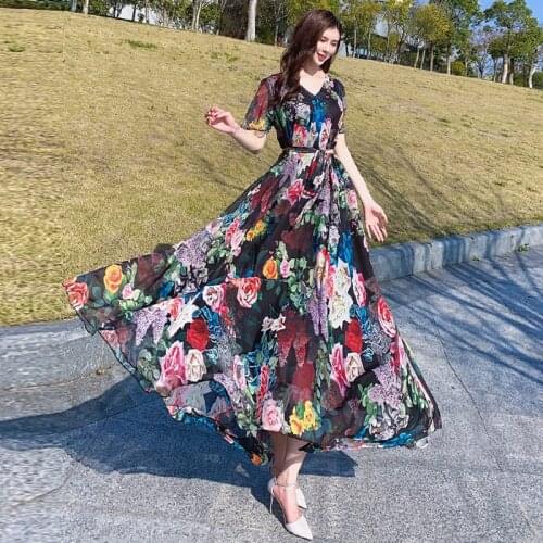 New Ethnic Floral Print Fashion Women Maxi dress long high quality Summer Beach Plus Size Lightweight Chiffon Party Dress