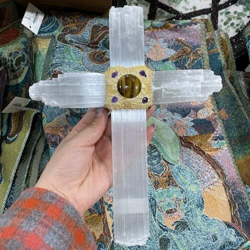 Natural Selenite Crystal Cross Gypsum Christ Jesus Lcon Cross Home Church Pray Ornaments Church