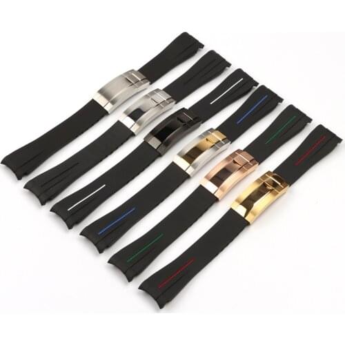20mm Black Curved End Nature Silicone Rubber Watchband For Rolex Watch Strap Daytona Submariner GMT Explorer 2 Folding Buckle
