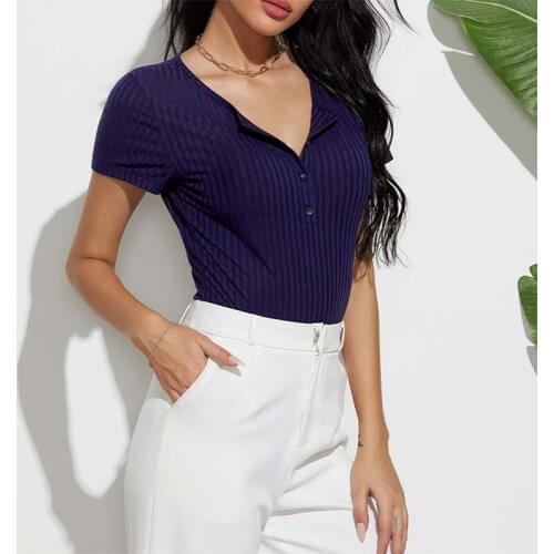 O Neck Button Ribbing Solid Color Short Sleeve Simplicity Beach Party Bodysuit Women Sexy Temperament Streetwear Bottom Shirt