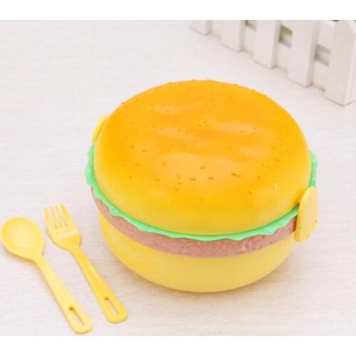 Cute Hamburger Double Tier Lunch Box Burger Box Bento Lunch Box Children School Food Container Tableware Set With Fork