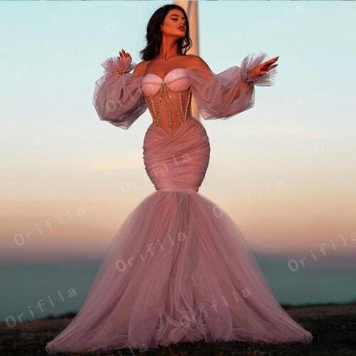 Modest Kosovo Evening Dresses Women Party Night 2021 Mermaid Prom Dress Off the Shoulder Long Sleeves vestido De Fiesta De Boda