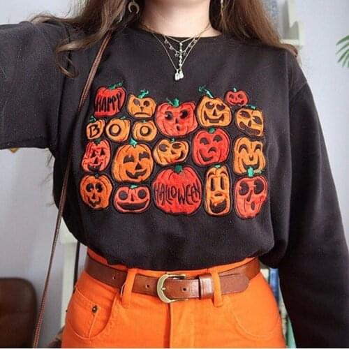 Pumpkin Halloween Print Sweatshirt Women Casual Crewneck Long Sleeve Pullovers Streetwear Autumn Loose Sweatshirt Tops Moletom