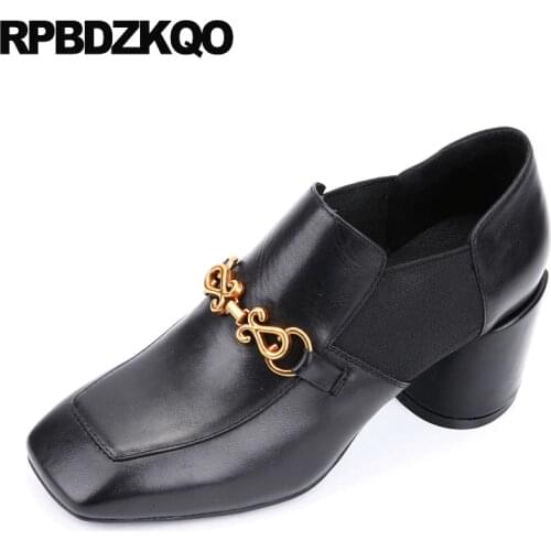 Fashion Shoes 2021 Luxury Women Genuine Leather Medium Heels Ladies Black High Quality Pumps China Metal Patent Square Toe Block