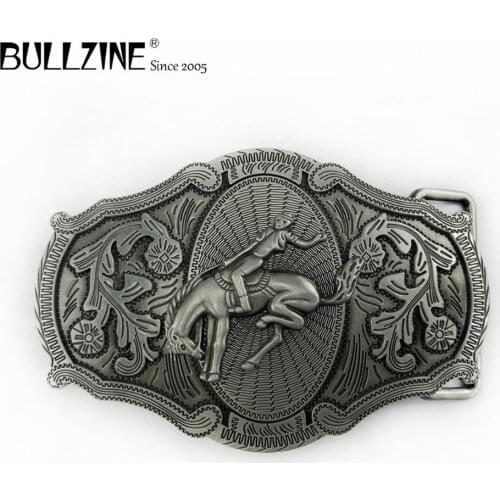 The Bullzine western horse belt buckle with pewter finish FP-03597 for 4cm width snap on belt