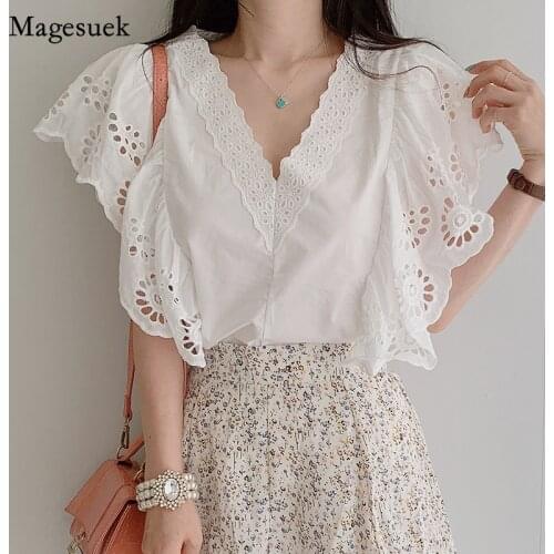 New Summer Short Sleeve Woman Blouses Korean Embroidery Hollow Ruffled Lace Shirt Female V-neck Solid Loose Elegant Blouse 13947