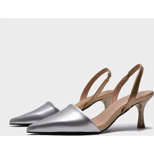 LIHUAMAO women high heel sandals silver stiletto heels pumps ankle strap pointed toe slingback thin heel women shoes