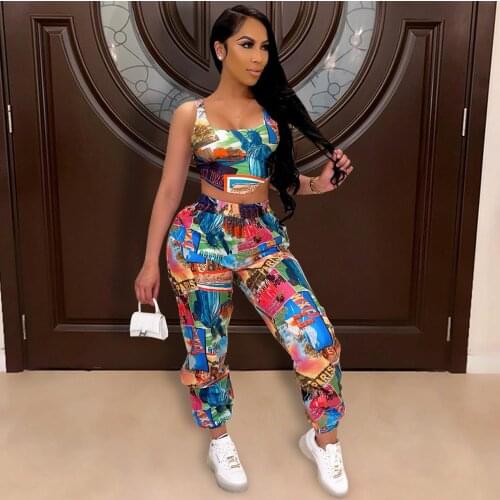 2021 Best Quality Famous Brand 2 pcs Tracksuits Women Set Print O-neck Sleeveless Short Tops Long Pant Summer Elastic coutfits