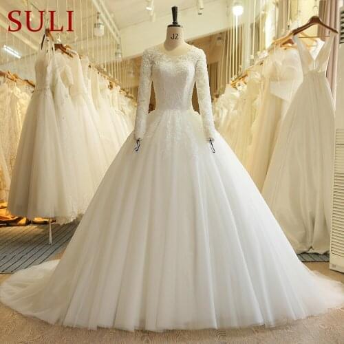 SL-0521 Charming Applique Lace Vintage Pearls Long Sleeve Bridal Wedding Dress 2018