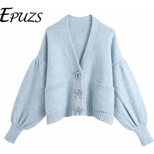 2021 New ZA Women Vintage V-Neck Button Cardigan Sweater Elegant Pocket Thick Blue Knitted Sweater Lady Casual Loose CHic Top
