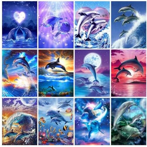 Animal Diamond Embroidery Painting Jumping Dolphin Lovers Mosaic Stone Picture Small Size Diamond Dots Wall Art Decor Stickers