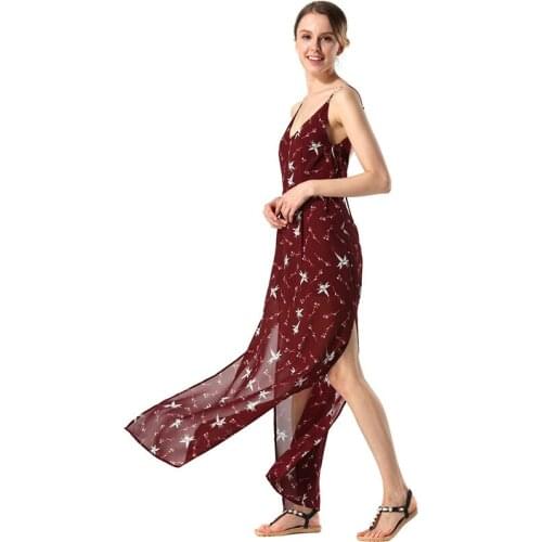 Neatie kiddie Summer Bohemian Beach Split Dress Sexy V-neck Sleeveless Spaghetti Strap Print Navy Long Dress Robes Femme Dress