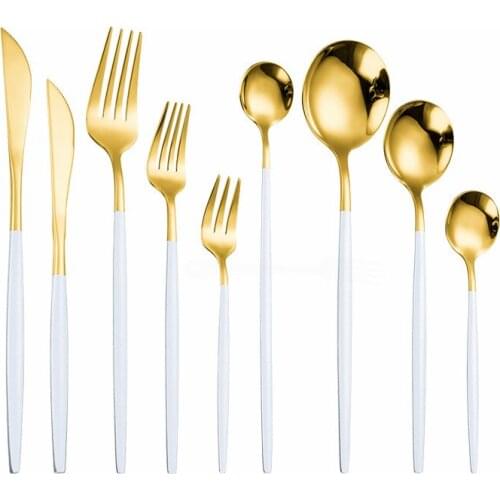 Home White Gold Dinner Set Stainless Steel Cutlery Set Spoon Dinnerware Kitchen Dessert Spoon Knife Fork Tableware Eco Friendly