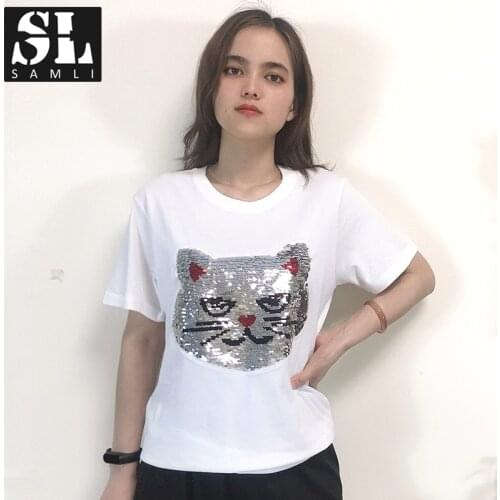 Cat Reversible Color Change Sequin T-shirts for Women 100% Cotton T shirt Girls Summer Casual O-Neck Short-Sleeve Tee Tops Women