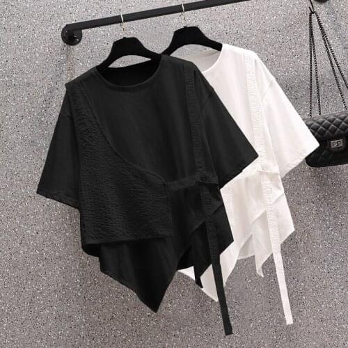 Cotton Linen Asymmetrical White Women T-Shirts Summer New Design 2021 O-Neck Short-Sleeved Loose Elegant Female Pulls Tops Tees