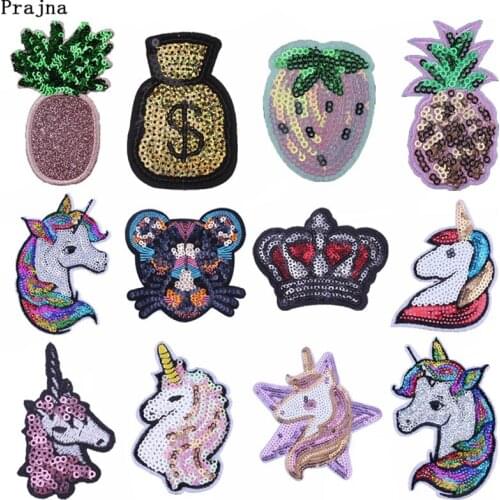 Prajna Unicorn Crown Sequin Patch Embroidery Pineapple Wallet Iron On Patches For Clothing Apparel Applique Diy Accessories F