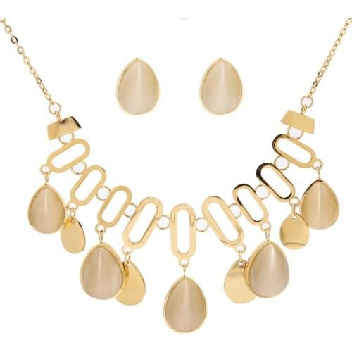 Stainless Steel Charm Necklace Bohemian Gold Sets Water Drop Necklaces Earrings Stud For Women Jewelry Set Wedding Party 20