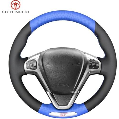 LQTENLEO Black Blue Leather Hand-stitched Car Steering Wheel Cover For Ford Fiesta ST 2012 2013 2014 2015 2016 2017 2018