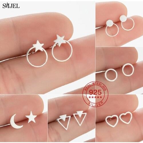 Small 925 Sterling Silver Earrings Minimalist Geometric Hollow Round Star Stud Earrings for Women Kids Fashion Jewelry Gifts