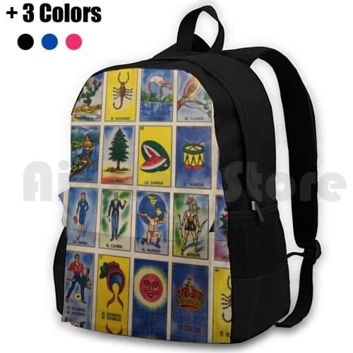 Mexican Loteria Outdoor Hiking Backpack Waterproof Camping Travel Mexican Mexico Bingo Game Loteria Lottery El Gallo El