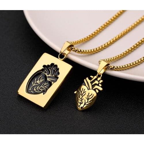 Anatomical Human Heart Necklace New Titanium Steel Set On Rectangle Pendant Cardiac Collier Femme Women Men Punk Jewelry
