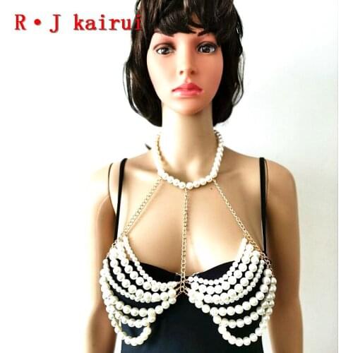 New Style RJP12 Fashion Women Gold Color Chains Layers Imitation Pearls Top Neck Bra Body Costume Chains Jewelry 2 Colors