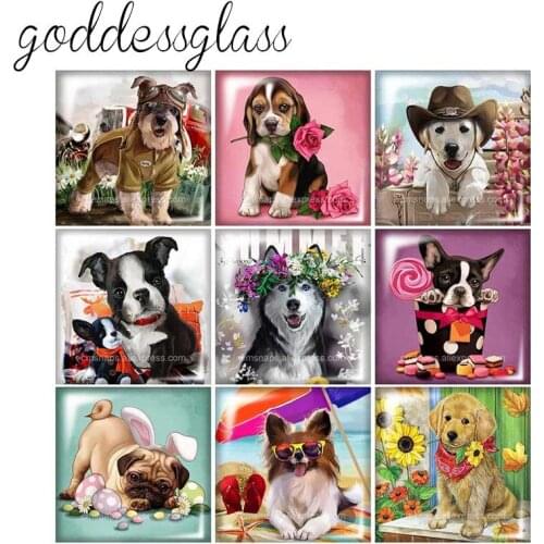Lovely Dog Husky pug Bulldog 10pcs 12mm/20mm/25mm/30mm Square photo glass cabochon demo flat back Making findings FB0194