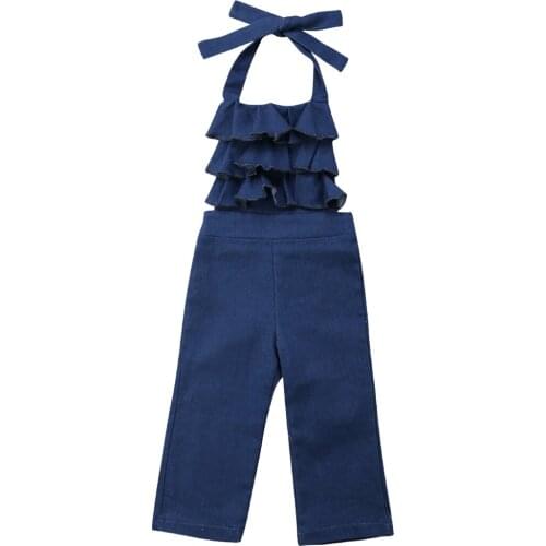 Toddler Kids Girls Denim Ruffles Overalls Bib Pants Sleeveless Belt Romper Jumpsuit Playsuit Clothes Size