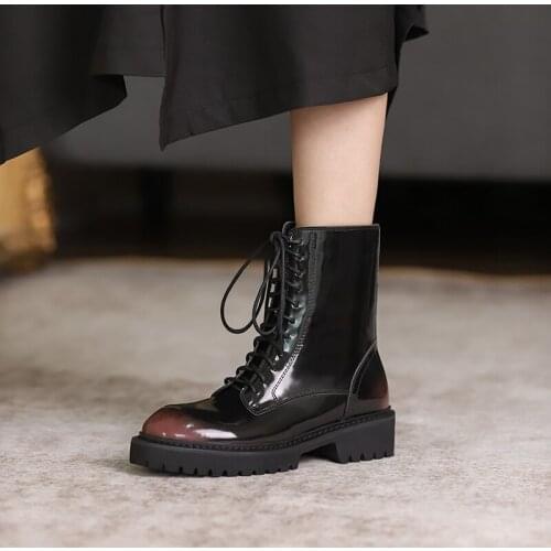 Osunlina Martin Boots Round Toe Square Heels High Quality Womens Autumn Boots Handmade Lace-up Zipper Shoes For Woman A141