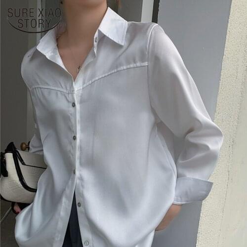 Casual Vintage Lantern Sleeve Female Shirt 2021 Korea Loose Chiffon Women Blouse and Tops Apricot White Button Clothing 13170