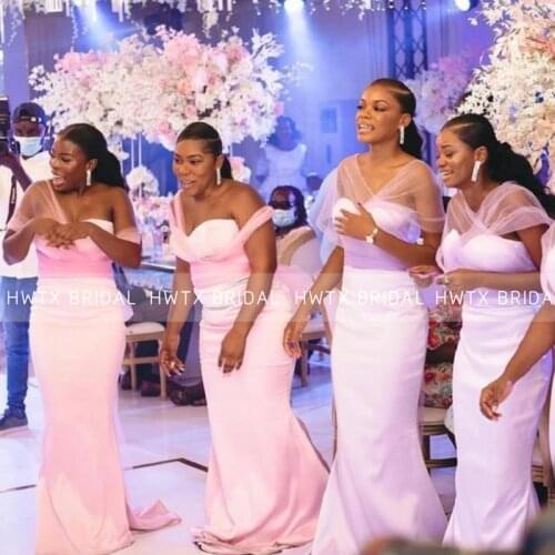 Light Pink Mermaid Bridesmaid Dresses Tulle Off the Shoulder African Black Girls Women Wedding Party Gown Formal Maid Of Honor