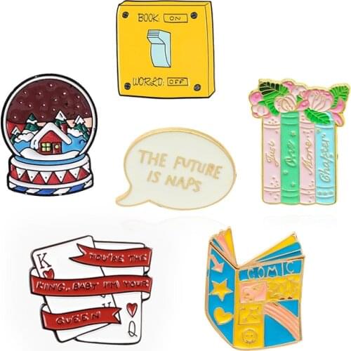 The Fvture is naps Message box Enamel pins Book switch playing card KQ Crystal ball Brooches House tree flower leaf star Badge