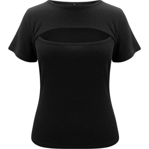 Womens Hollow Out Summer Solid Color New Round Neck Fashion Splicing Sexy Popular Short Sleeve Knitting Loose Womens T-Shirt