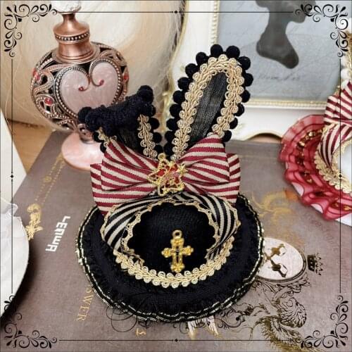 Mini Crown Rabbit Ears Top Hat Lolita Sweet Girl Fairy Palace Style Kawaii Daily Cosplay Handmade Gorgeous Flat hat Headdress