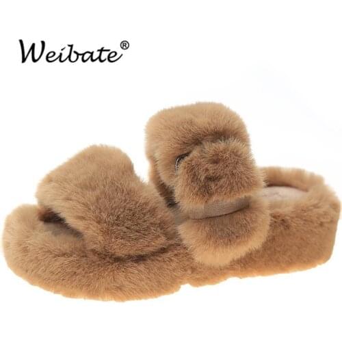 Winter Women House Furry Slippers Fashion Faux Fur Warm Shoes Women Slip on Flats Female Home Slides Black Plush Slippers