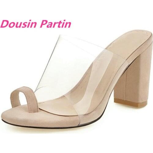 Dousin Partin Women Sandals Set of Toes Transparent Slingback Square High Heel Sexy Fashion Slippers Summer