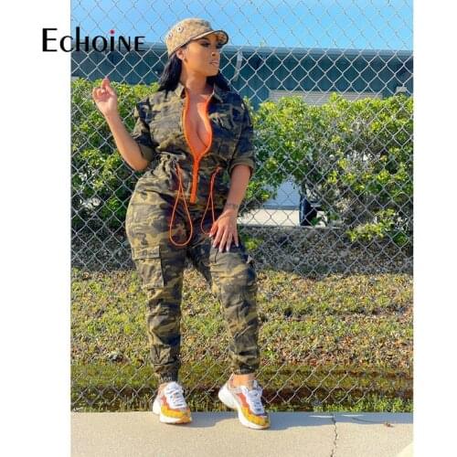 Echoine Women Camouflage Zipper elasticity Jumpsuits Lady Punk Multi-pocket Sexy Party Beach long Pants Bandage Rompers overalls