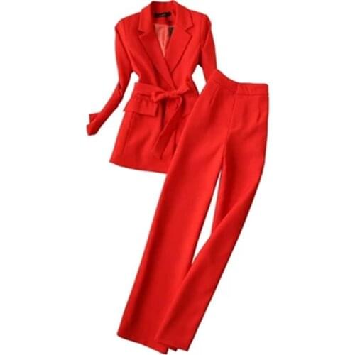 Fashion red suit suit female 19 new womens spring Korean casual temperament wide leg pants suit women OL two-piece suit women