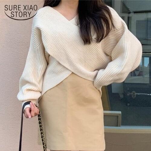 2021 Long sleeve Warm Sweater Top Temperament Simple V-neck Loose Sweater Woman Autumn Winter Pure Elegant Womens Sweater 16483