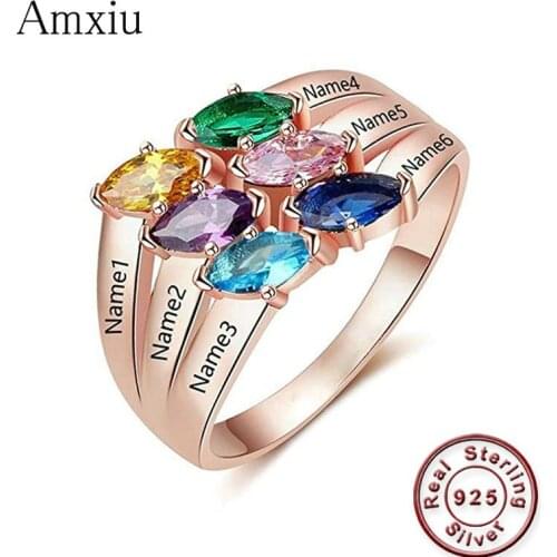 Amxiu Engrave Six Names 925 Sterling Silver Ring with Birthstones Custom Large Zircons Rings For Women Mothers Gift Accessories