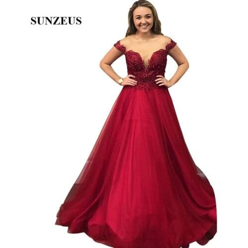 Illusion Neck Cap Sleeves Beaded Lace Evening Dresses Long A-line Wine Red Formal Gowns Women Tulle Party Dress