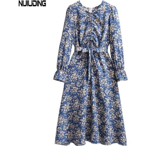 Plus Size Drawstring Women Floral Print Dress With Lining 2021 Autumn Long Sleeve Female High Waist Chiffon Dress Mujer Vestidos