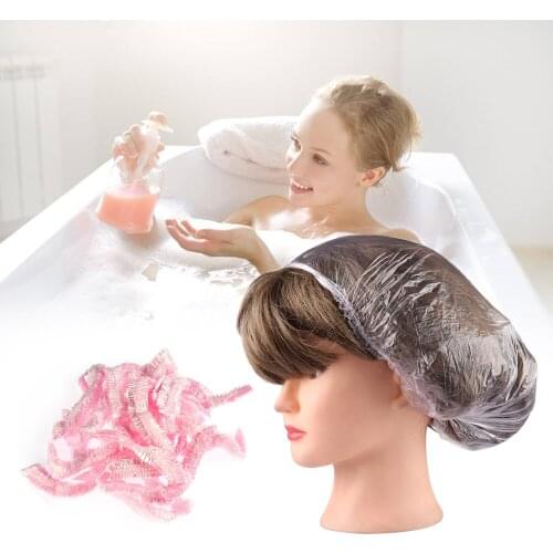 100pcs Disposable Shower Caps Bathroom use Transparent plastic waterproof Bathing Hats Catering Hat Travel Camping Accessories