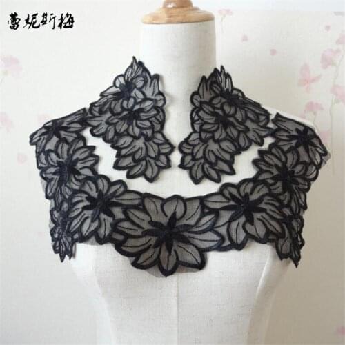 2Sets 33X8cm three-pieces Black Polyester Net Floral Flower Motif Venise Lace Collar Lace Shoulder Trim Lady Dress Decor YL0071