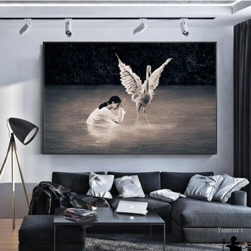 Abstract Prayer Girl and Swan Canvas Art Modular Paintings Black White Print and Poster Wall Art Bedroom Living Room Decor