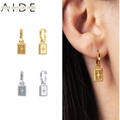 AIDE 925 Sterling Silver Rectangle pendientes Hoop Earrings For Women Exquisite INS Star Pierced Earings Jewelry Gift kolczyki